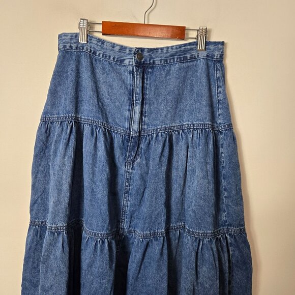 KanCan Size L Thalia Denim Tiered Maxi Skirt Dark Wash Zip-Fly Cottagcore - Picture 4 of 13